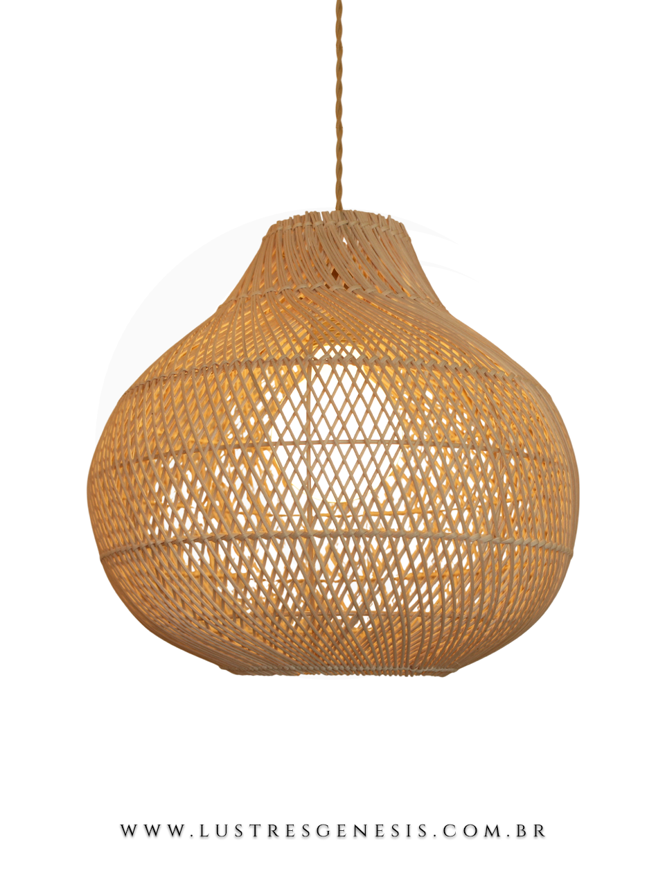 Pendente rústico de rattan e madeira Hao Ø35cm aceso, ideal para mesas, balcão de cozinha, área gourmet e sítios.